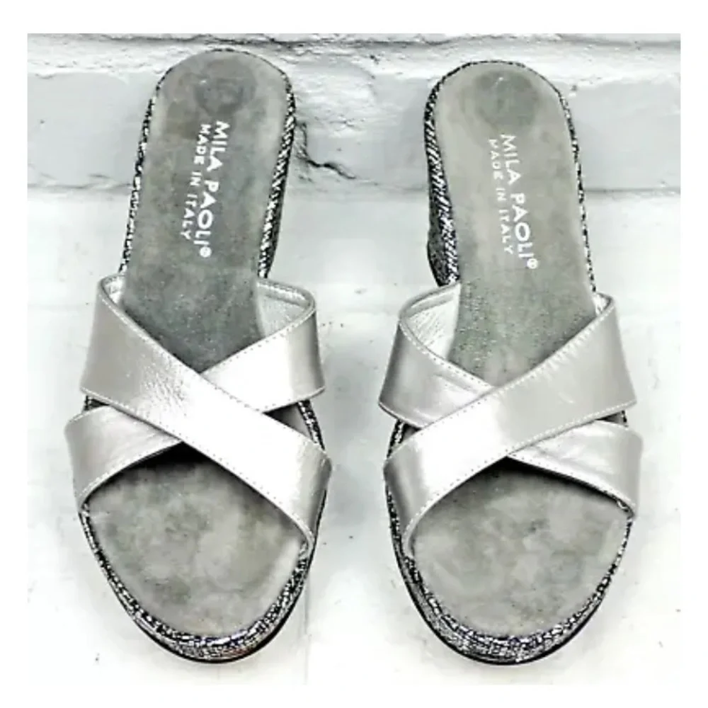 Mila Paoli Wedge Italian Leather Slip On Sandals Gray Womens Size 7.5